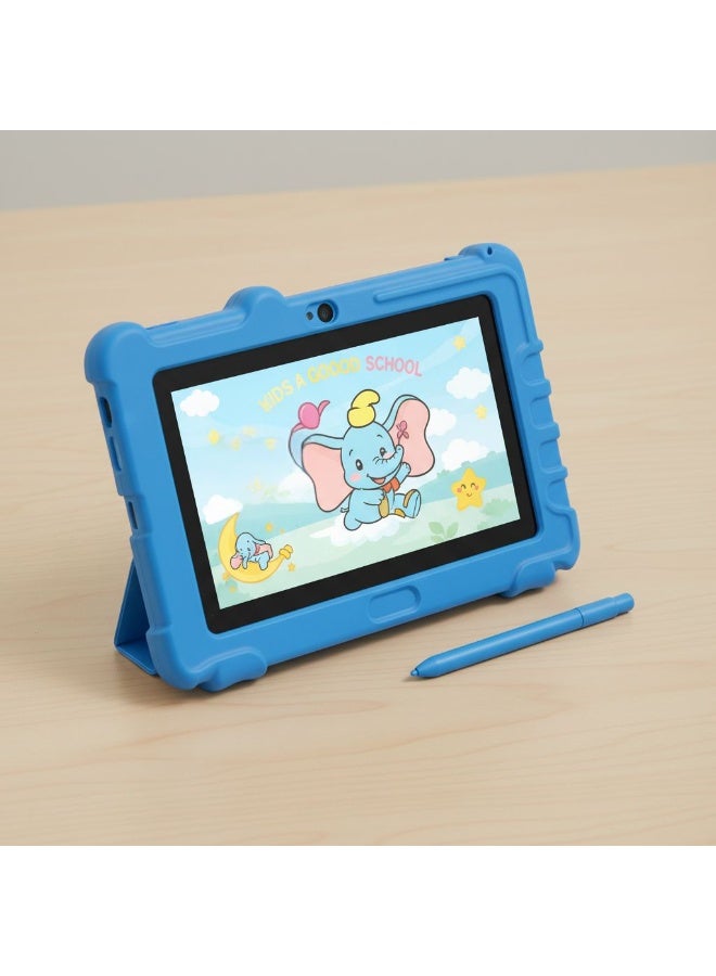 A children's tablet with a 7-inch screen, 256GB of storage, 8GB of RAM, and the latest Android 13 operating system. It supports 5G networks and features dual front and rear cameras (5MP and 13MP), a large 5000mAh battery, and access to the Play Store. Suitable for modern educational activities and modern games and entertainment. Available in blue. - Image 4